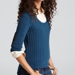 Aqua Cable-Knit Cashmere Sweater w/ Elbow Patches